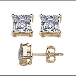 Yellow Gold Plated Princess Cut Stud Earrings